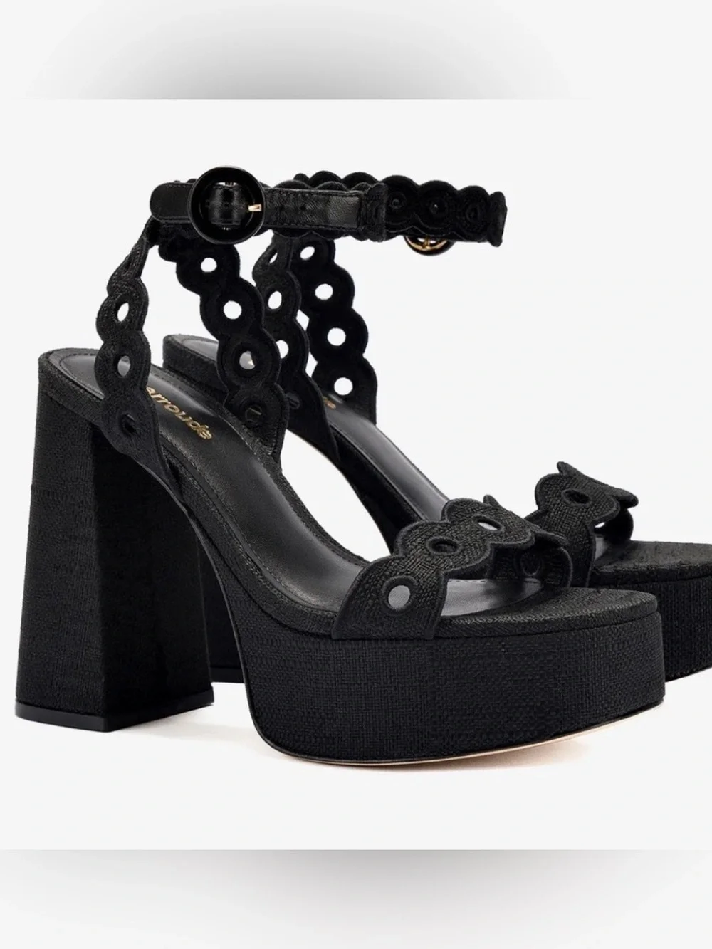 Larroude Dolly Broderie Sandal in Black Raffia